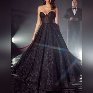 New long black glitter corset open lace up back dress